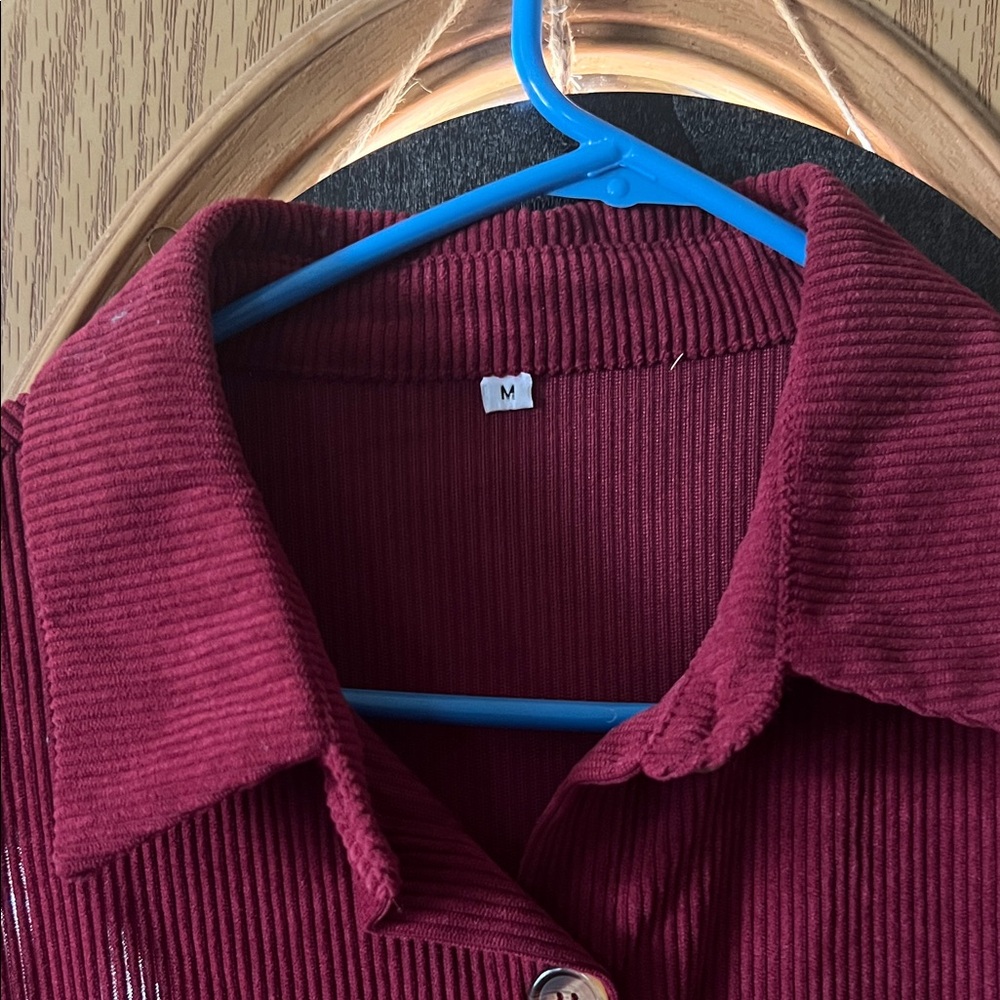 Long Sleeve Button-Front Corduroy Dress in Deep Red - Picture 2 of 4